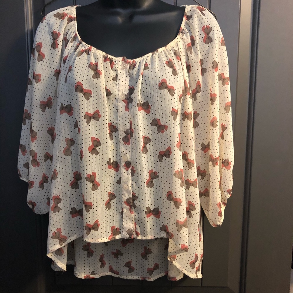 Forever 21 High-Low Sheer w/Bows Polka Dot Shirt